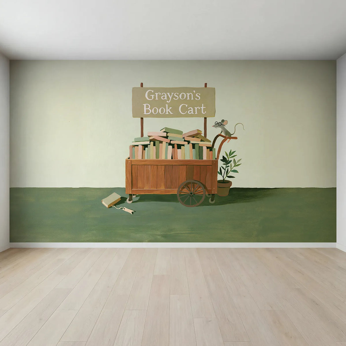 Full view of Library Book Cart Personalized Wall Mural by Whimsy Tots