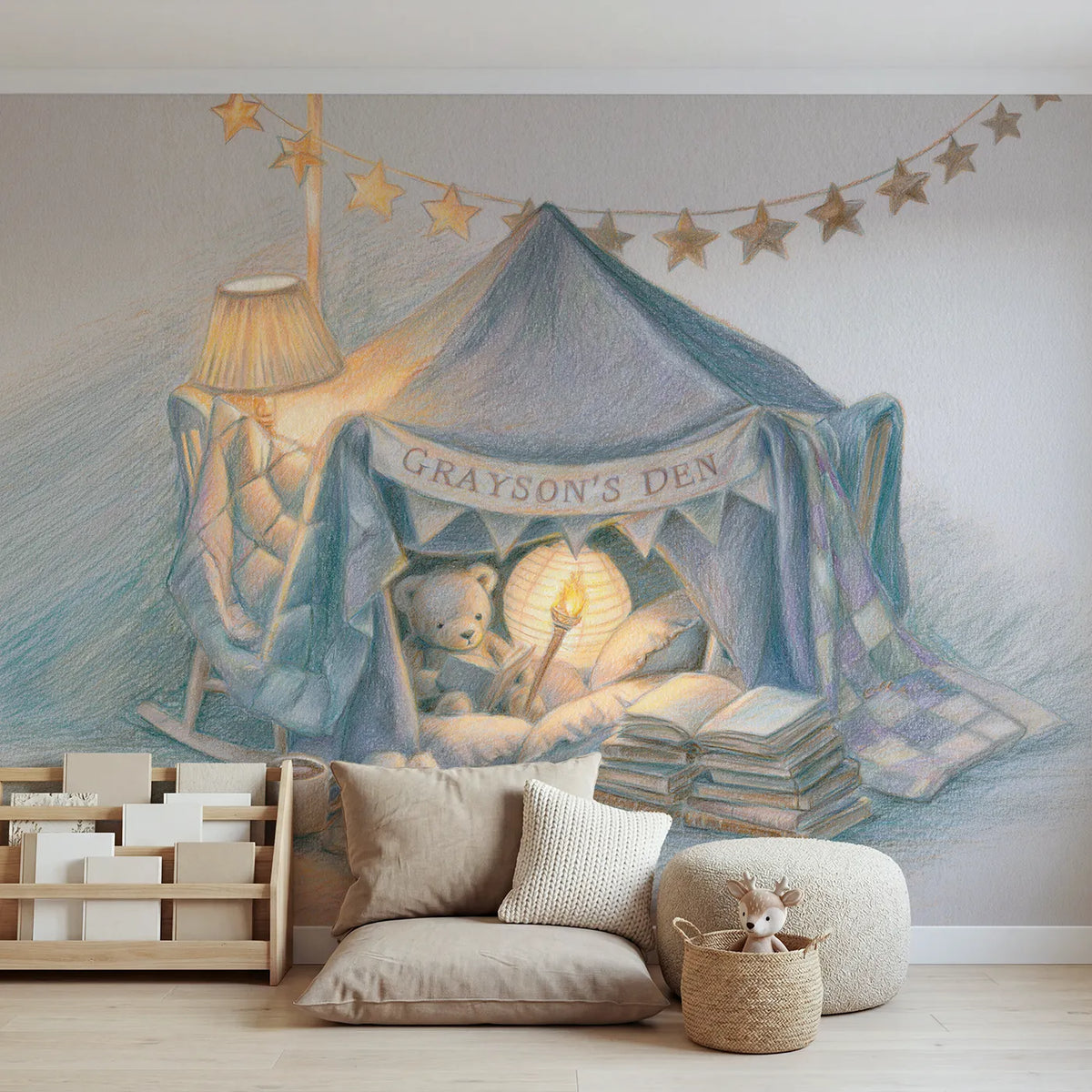 Colored pencil blanket fort den personalized wall mural with drawn bunting banner by Whimsy Tots
