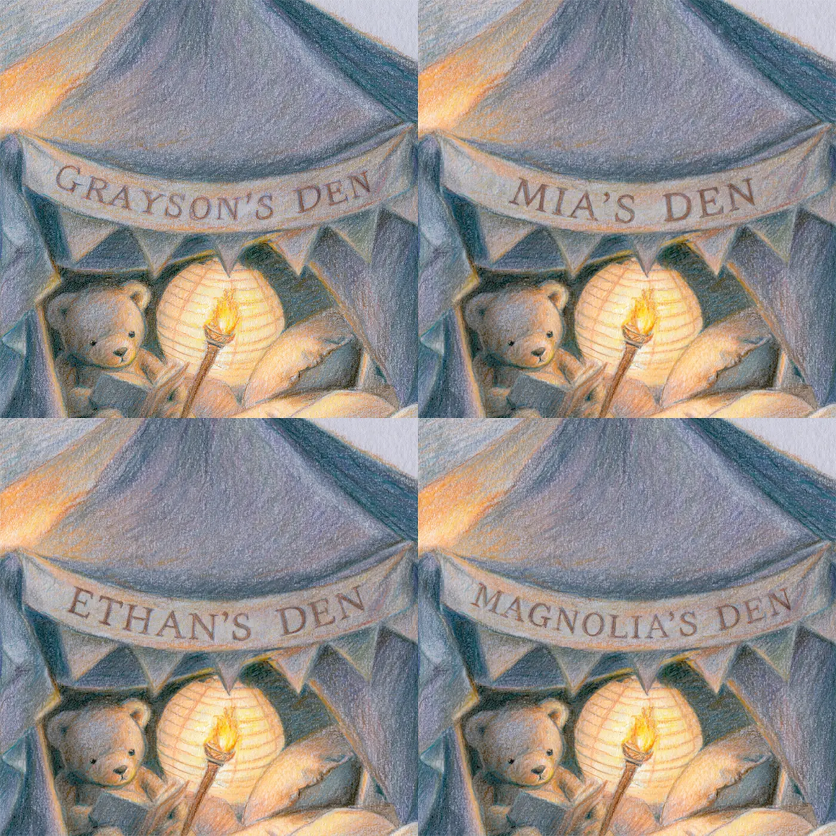 Four name preview examples of Blanket Fort Reading Den Personalized Wall Mural by Whimsy Tots