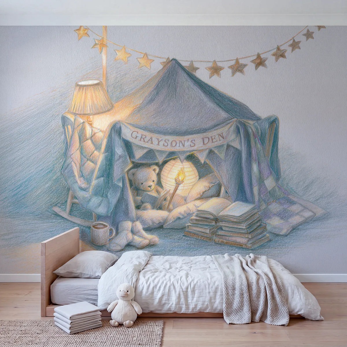 Blanket Fort Reading Den Personalized Wall Mural in playroom setting by Whimsy Tots