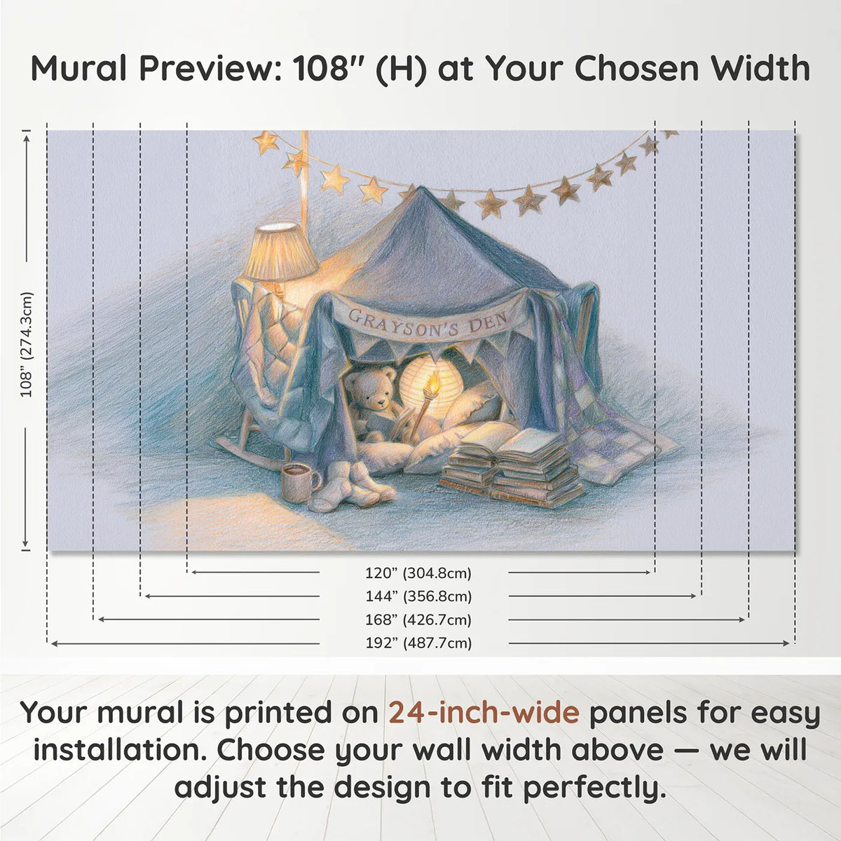 Panel layout and dimensions for Blanket Fort Reading Den Personalized Wall Mural by Whimsy Tots