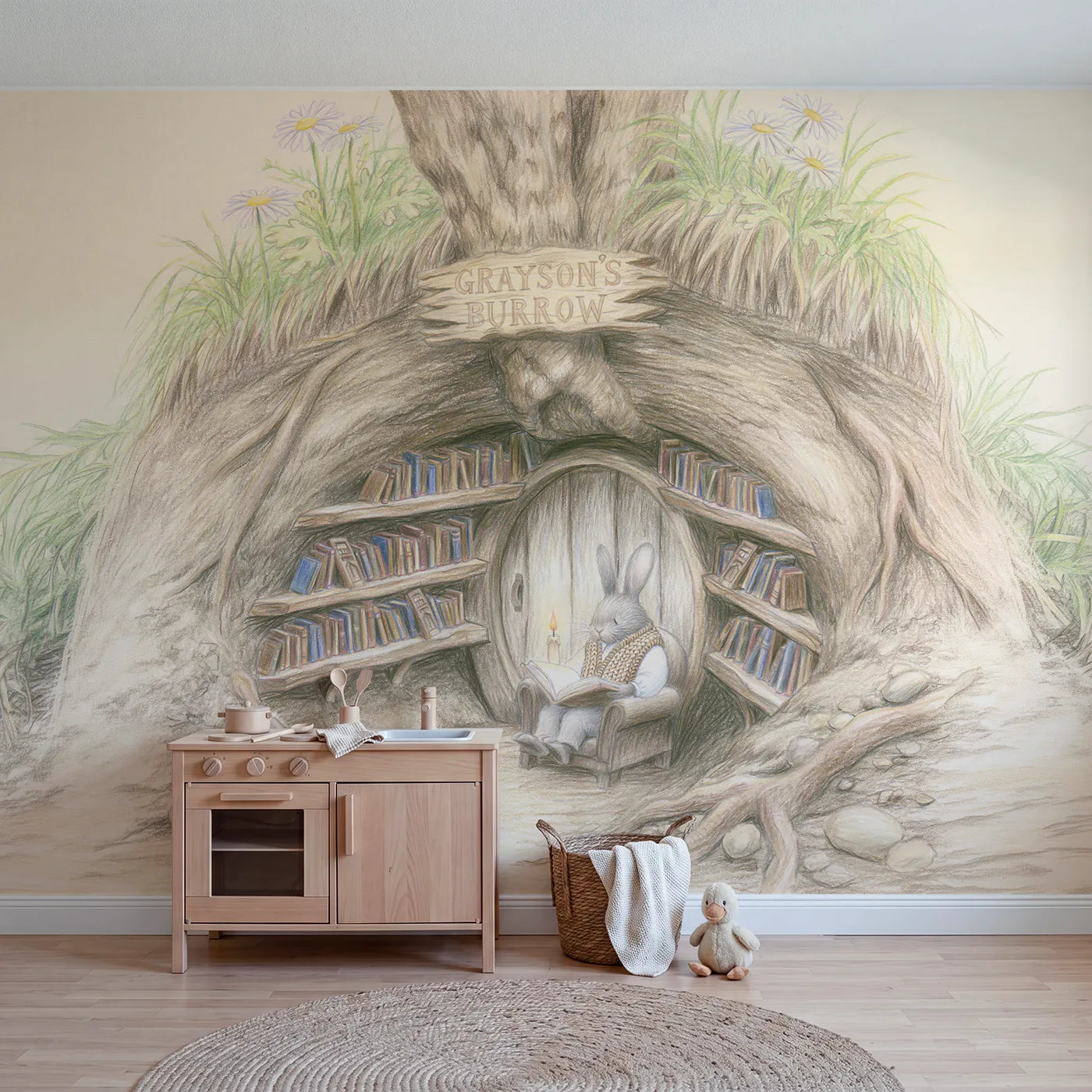 Colored pencil rabbit burrow library personalized wall mural with carved root sign by Whimsy Tots