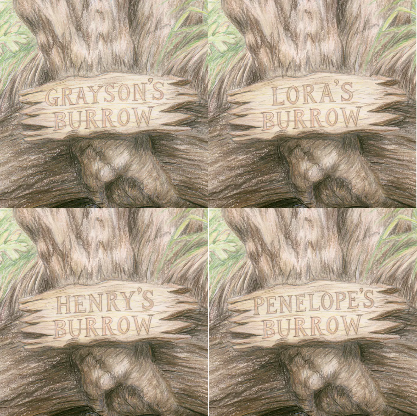 Four name preview examples of Rabbit Burrow Library Personalized Wall Mural by Whimsy Tots