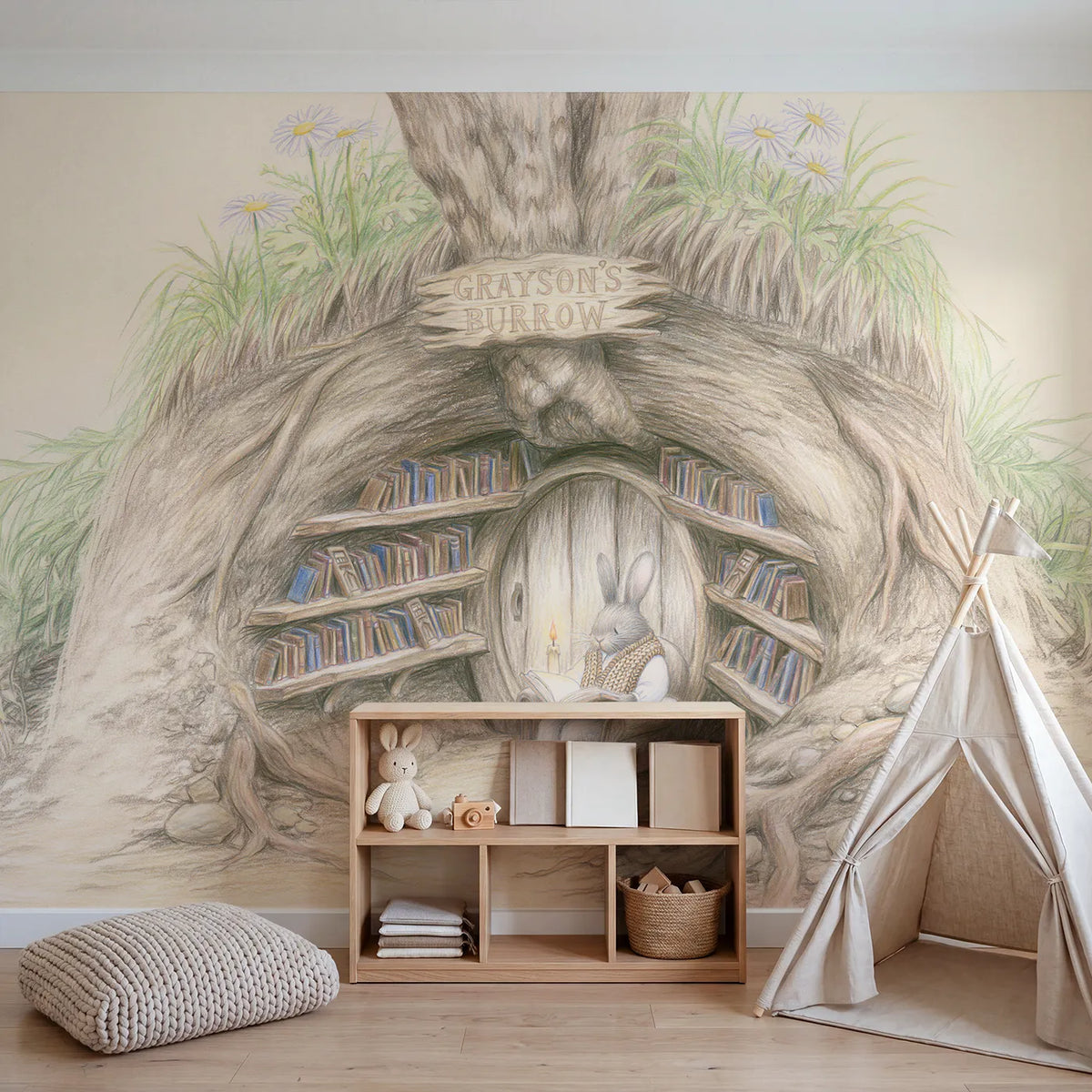 Rabbit Burrow Library Personalized Wall Mural in playroom setting by Whimsy Tots