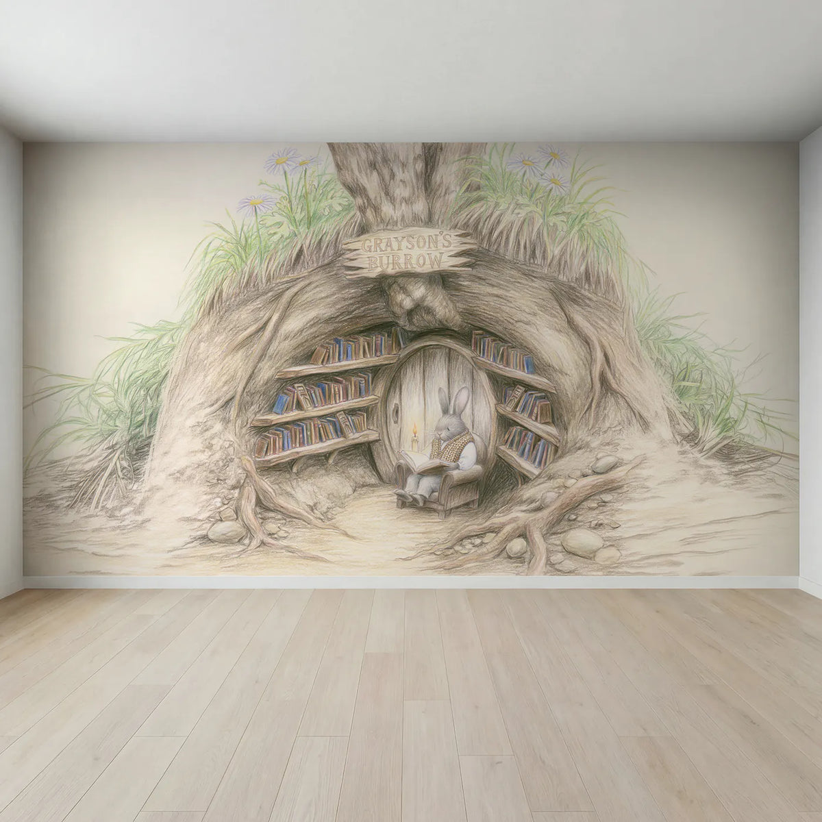 Full view of Rabbit Burrow Library Personalized Wall Mural by Whimsy Tots