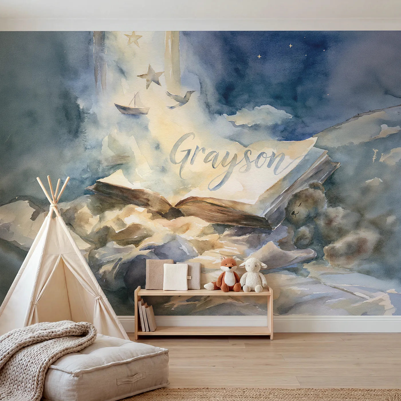 Watercolor moonlight bedtime personalized wall mural with brushed open page lettering by Whimsy Tots
