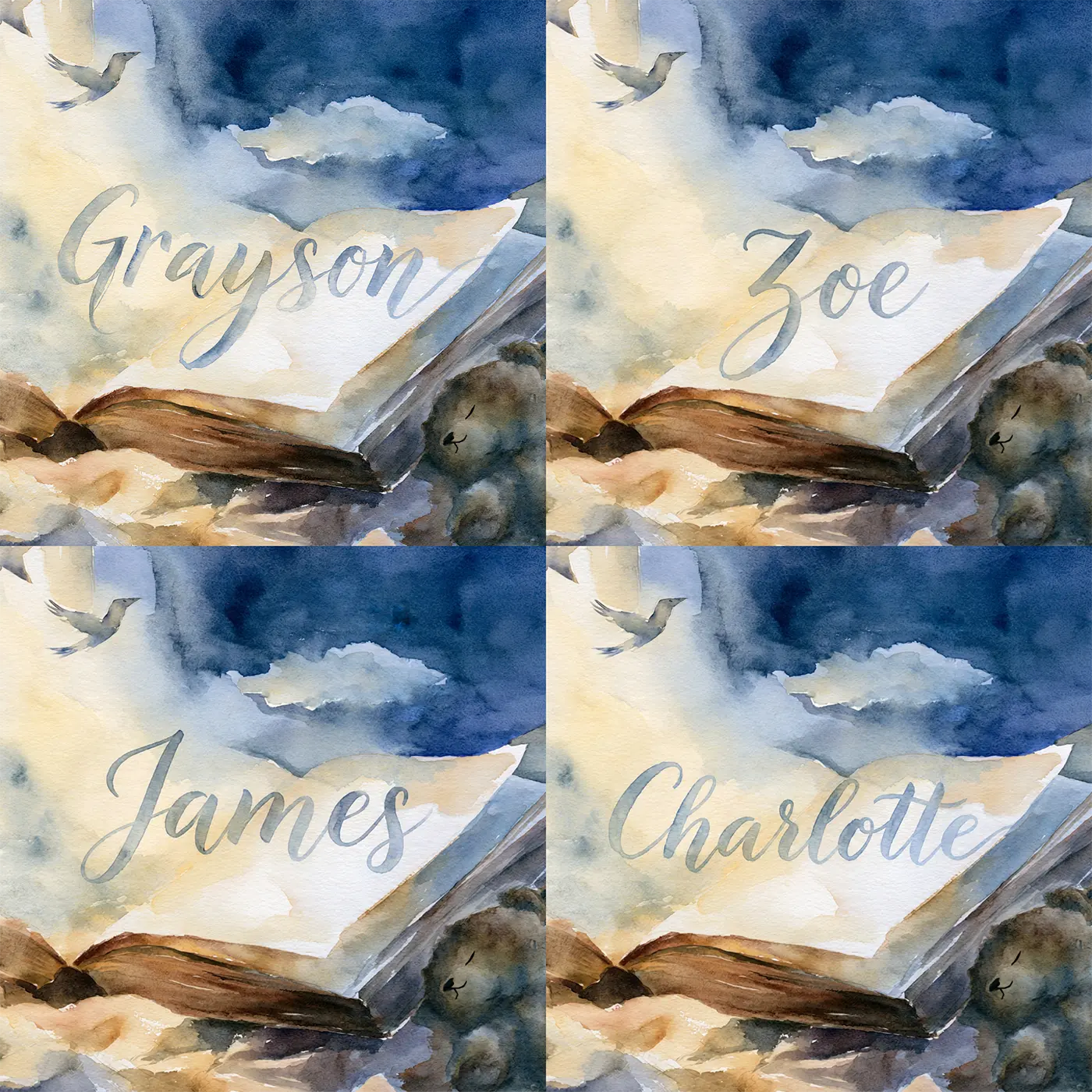 Four name preview examples of Moonlight Bedtime Story Personalized Wall Mural by Whimsy Tots