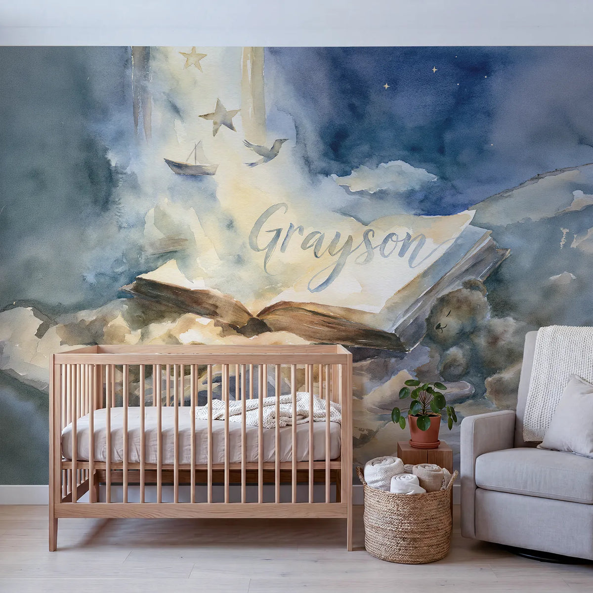 Moonlight Bedtime Story Personalized Wall Mural in playroom setting by Whimsy Tots