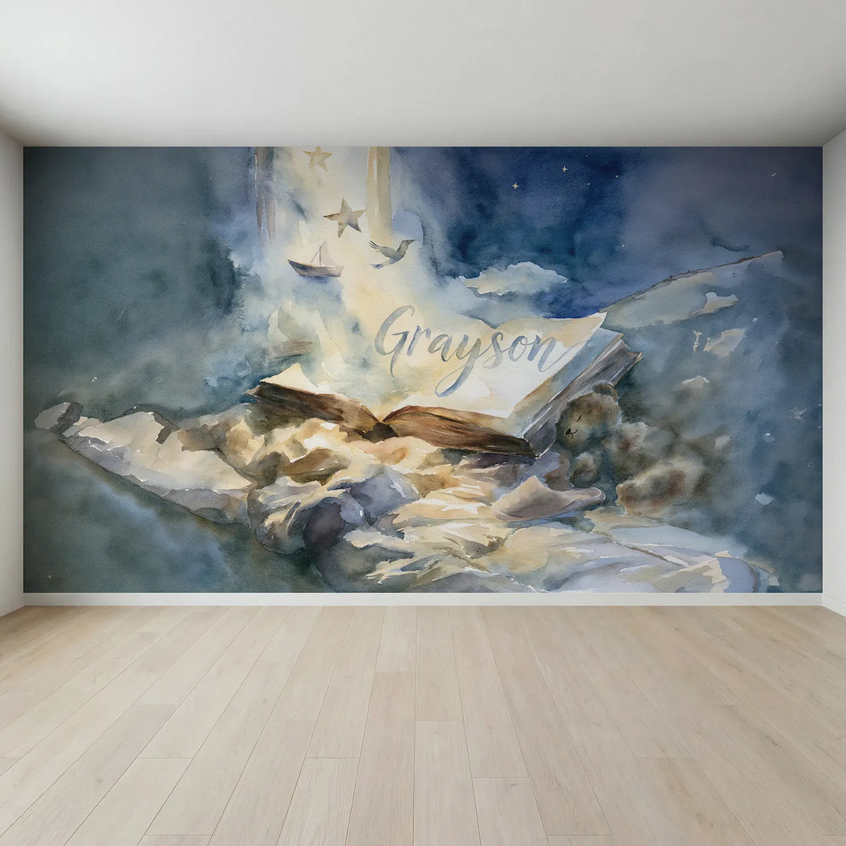 Full view of Moonlight Bedtime Story Personalized Wall Mural by Whimsy Tots