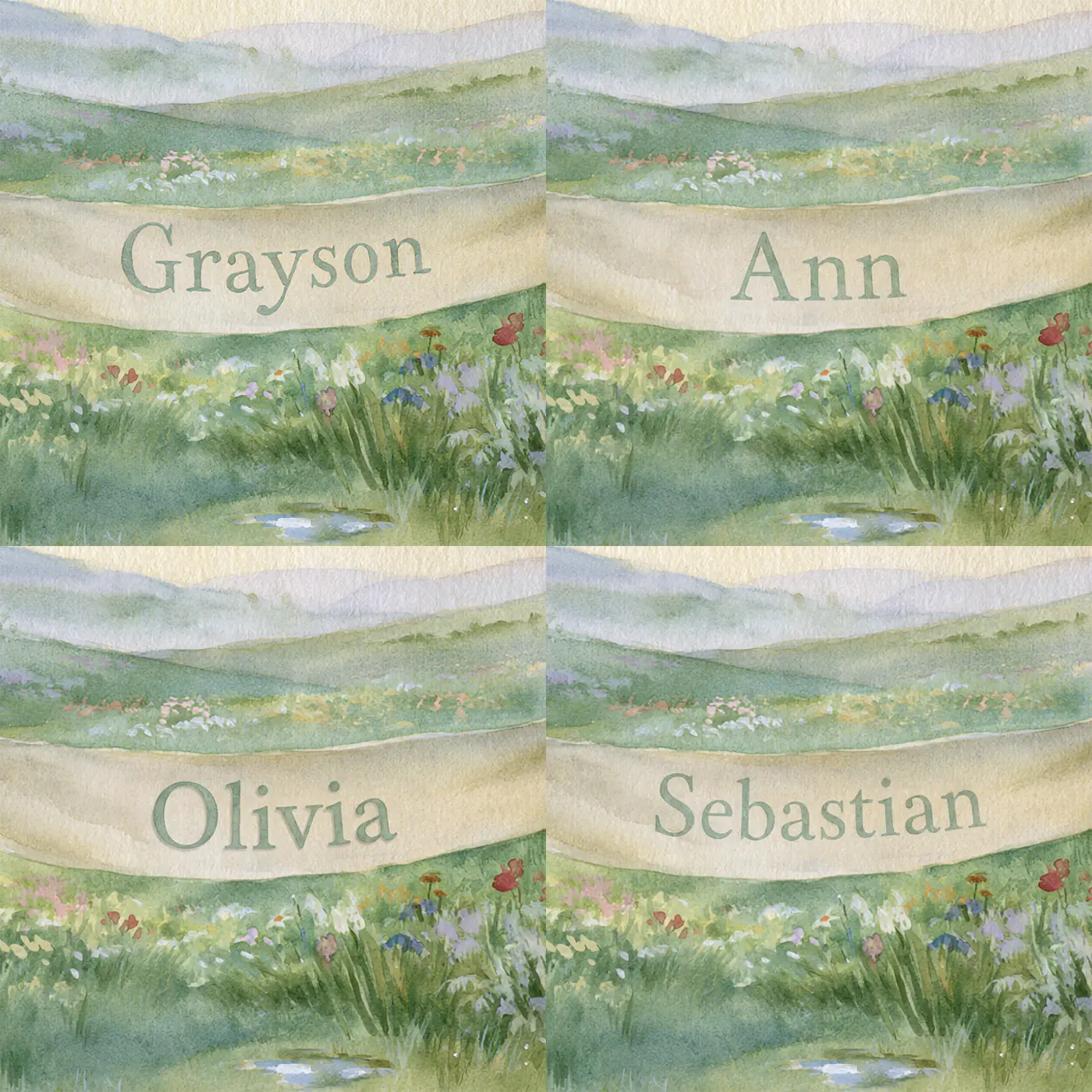 Four name preview examples of Rainbow Meadow Banner Personalized Wall Mural by Whimsy Tots