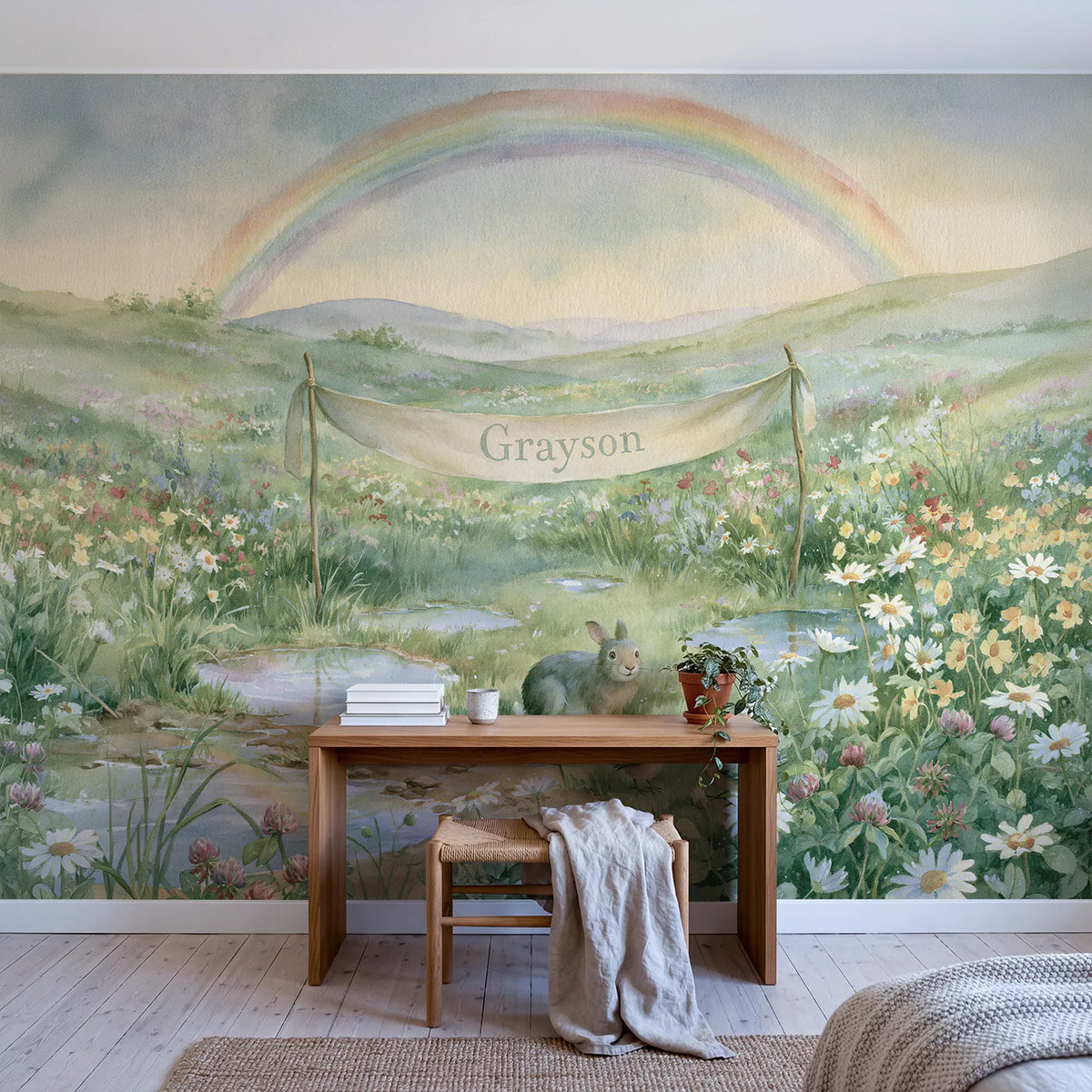 Rainbow Meadow Banner Personalized Wall Mural in playroom setting by Whimsy Tots