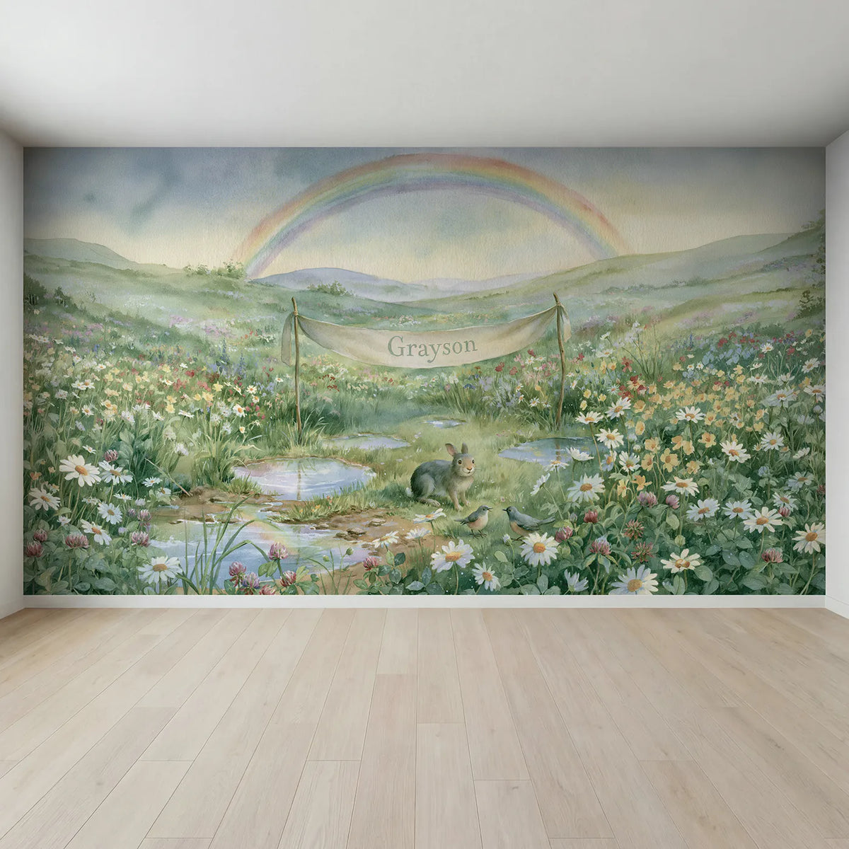 Full view of Rainbow Meadow Banner Personalized Wall Mural by Whimsy Tots