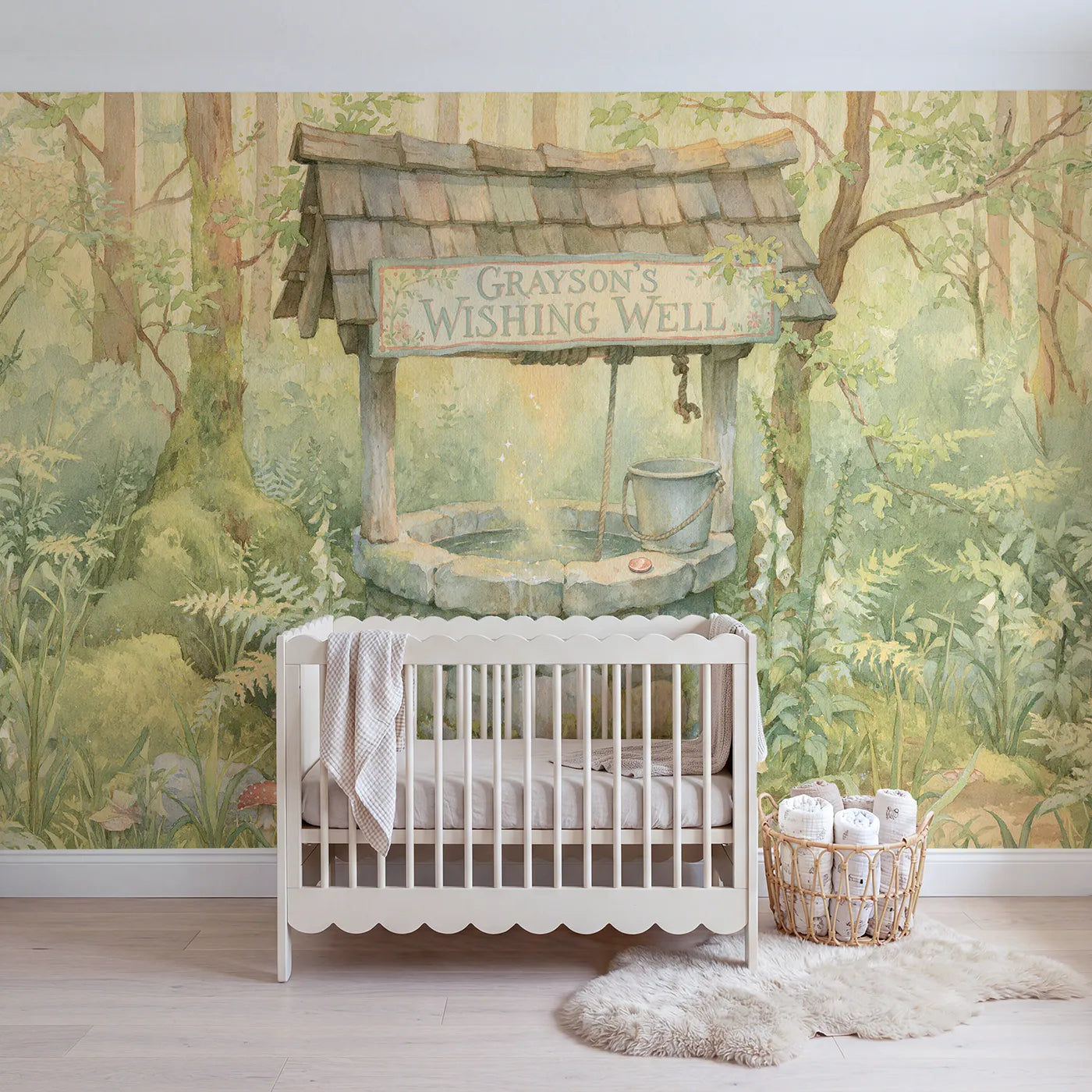 Storybook mossy wishing well personalized wall mural with painted roof nameboard by Whimsy Tots