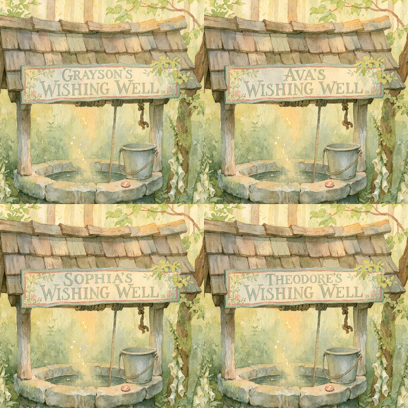 Four name preview examples of Wishing Well Personalized Wall Mural by Whimsy Tots