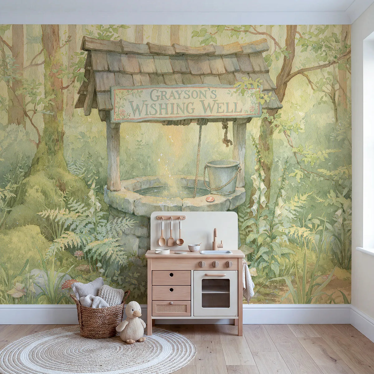 Wishing Well Personalized Wall Mural in playroom setting by Whimsy Tots