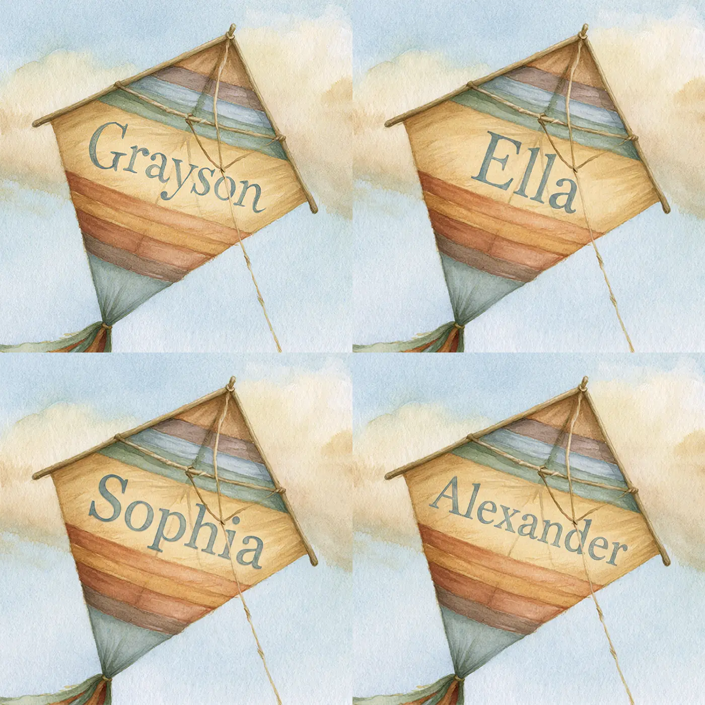 Four name preview examples of Rainbow Kite Personalized Wall Mural by Whimsy Tots