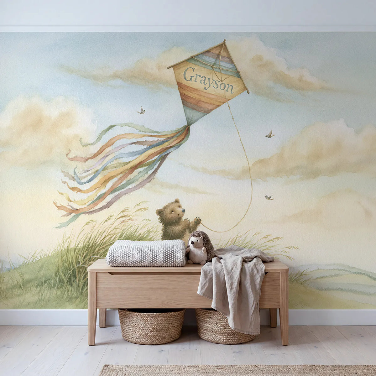Rainbow Kite Personalized Wall Mural in playroom setting by Whimsy Tots