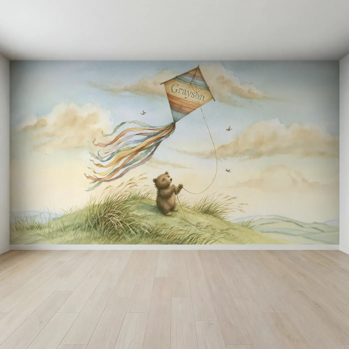 Full view of Rainbow Kite Personalized Wall Mural by Whimsy Tots