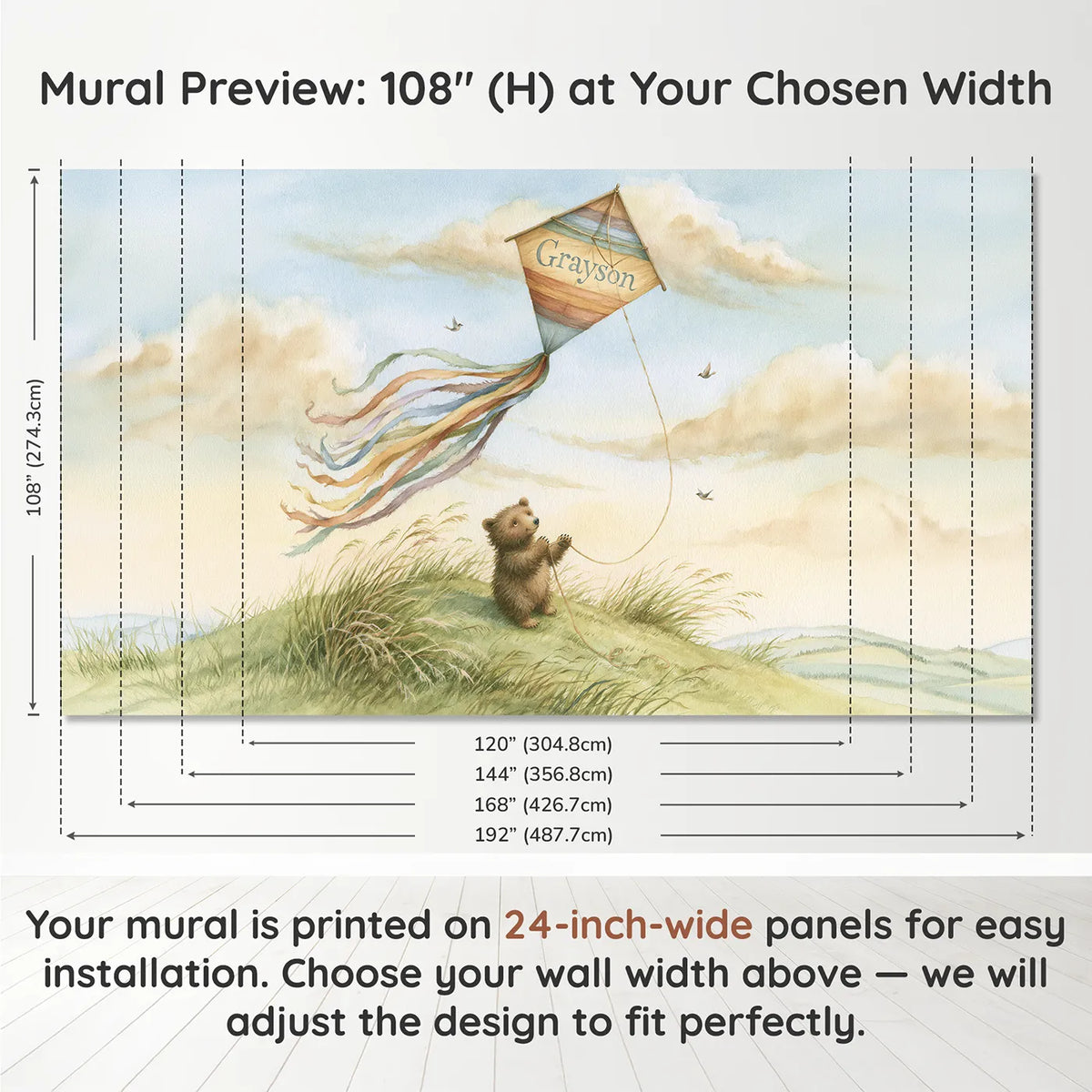 Panel layout and dimensions for Rainbow Kite Personalized Wall Mural by Whimsy Tots