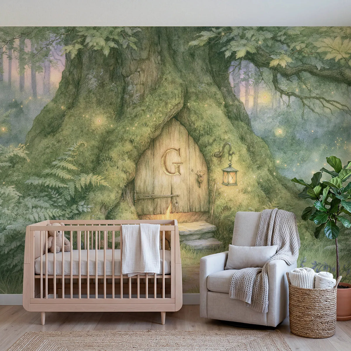 Storybook little magic door personalized wall mural with carved gilded initial by Whimsy Tots