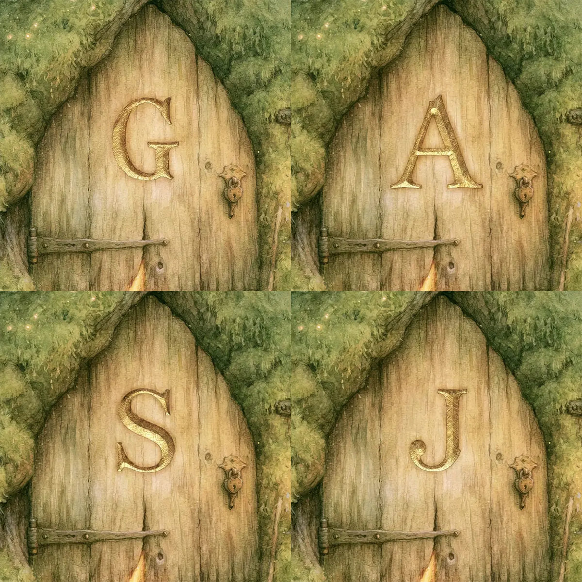 Four name preview examples of The Little Magic Door Personalized Wall Mural by Whimsy Tots