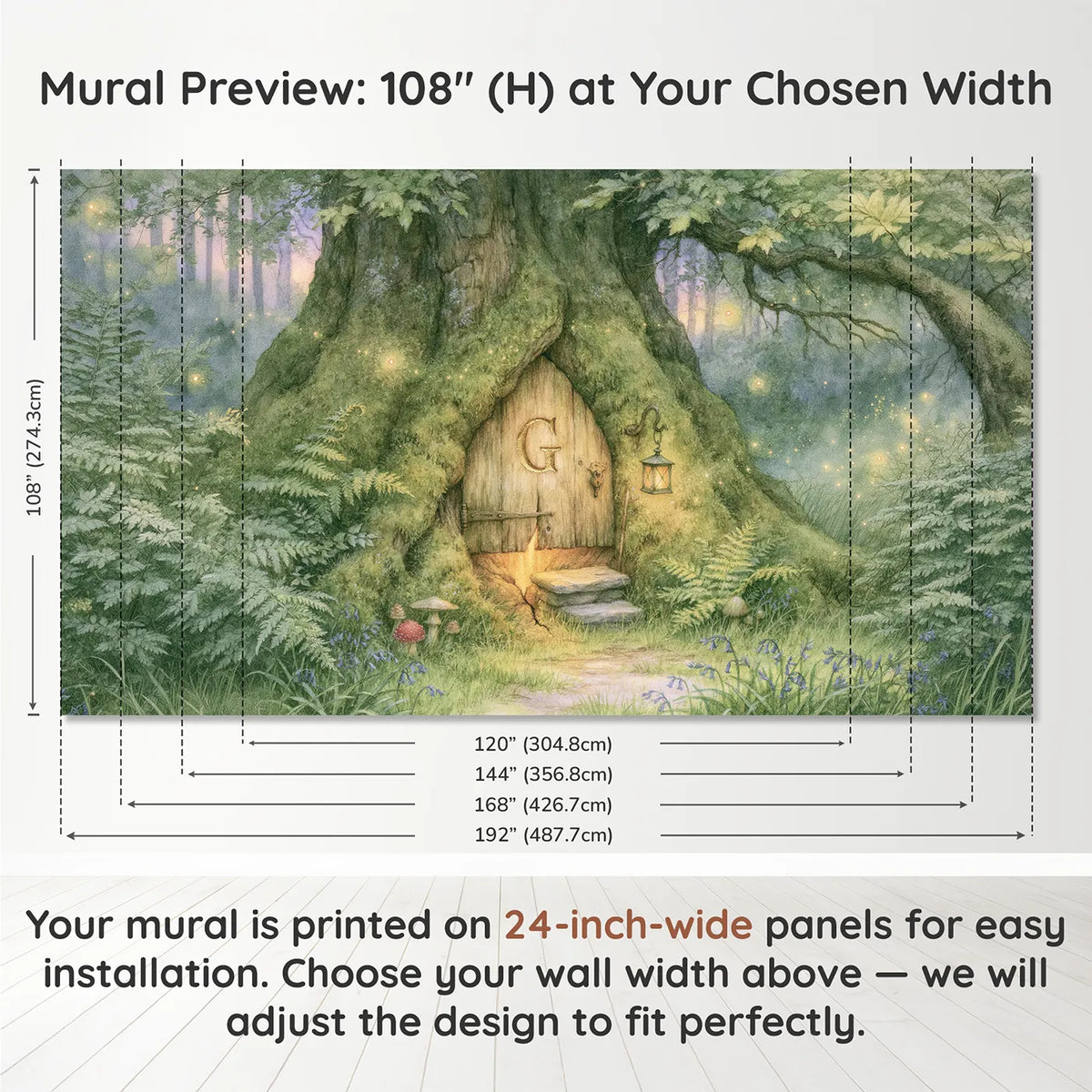 Panel layout and dimensions for The Little Magic Door Personalized Wall Mural by Whimsy Tots