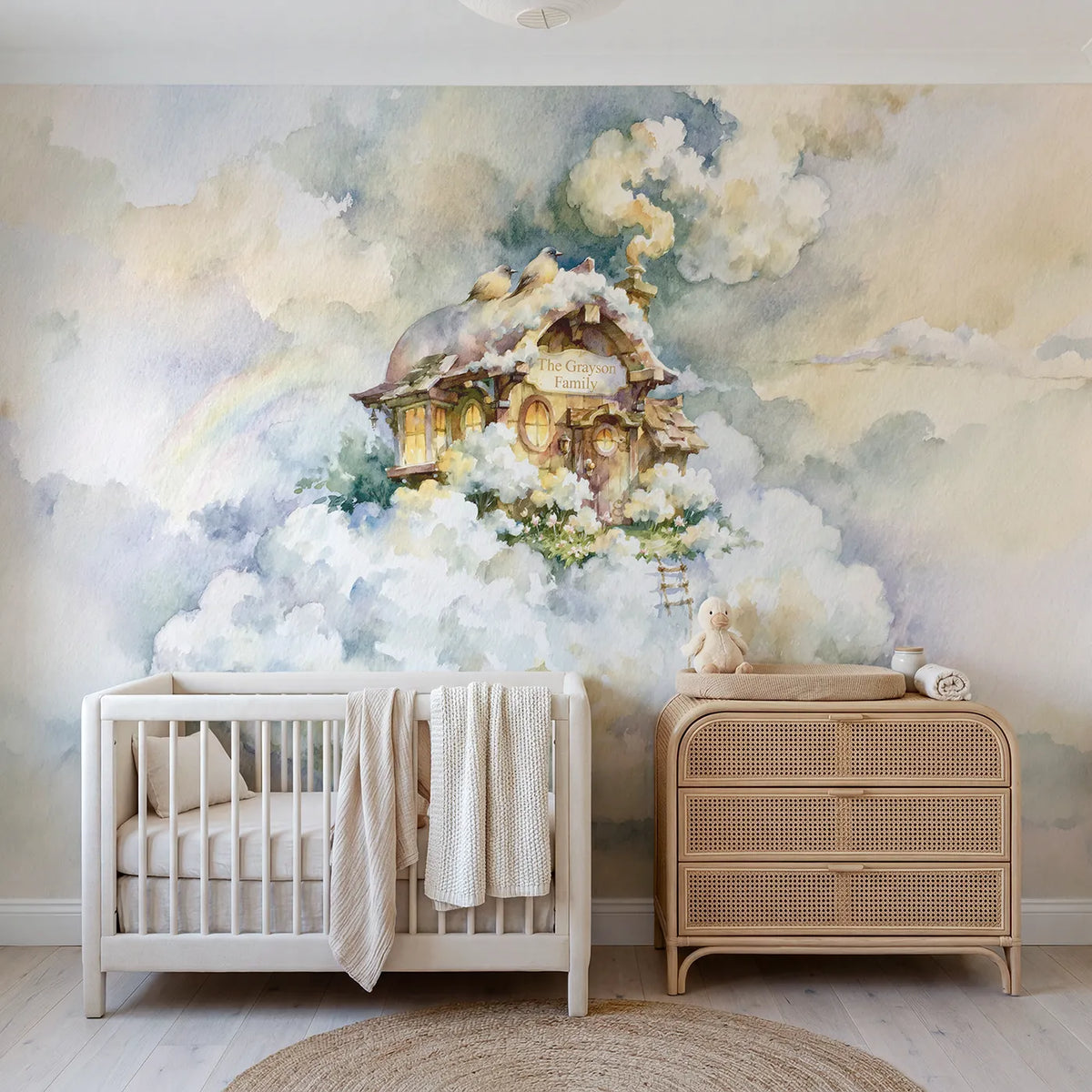 Watercolor cloud cottage personalized wall mural with brushed family door plate by Whimsy Tots