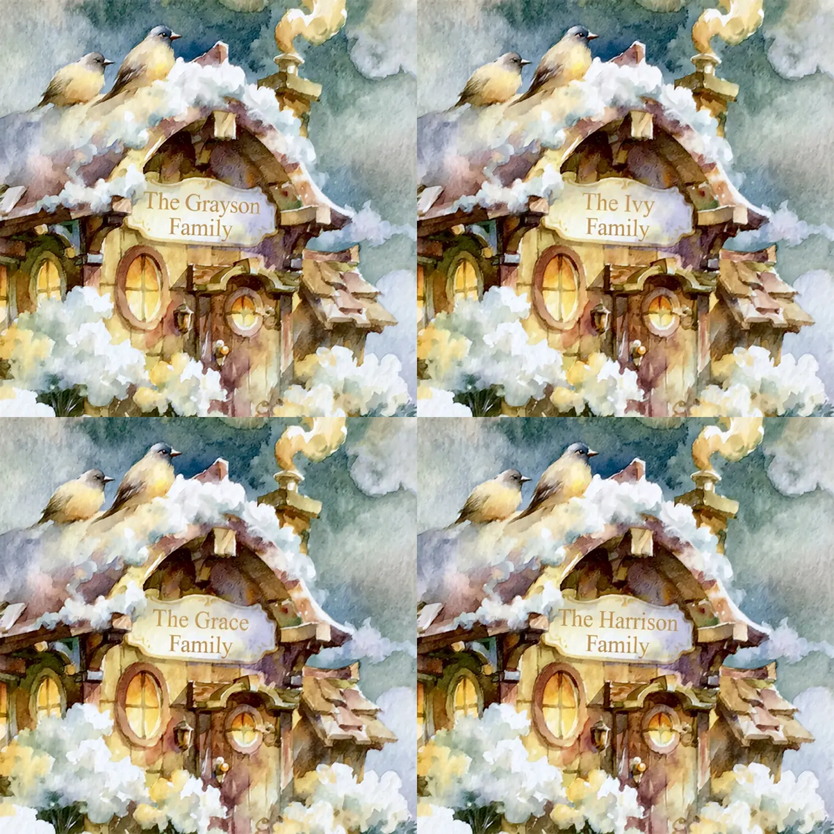 Four name preview examples of Cloud Cottage Personalized Wall Mural by Whimsy Tots