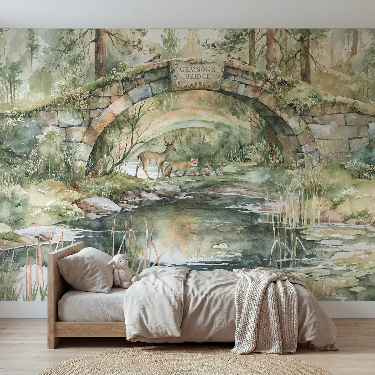 Watercolor rainbow stone bridge personalized wall mural with carved keystone plaque by Whimsy Tots
