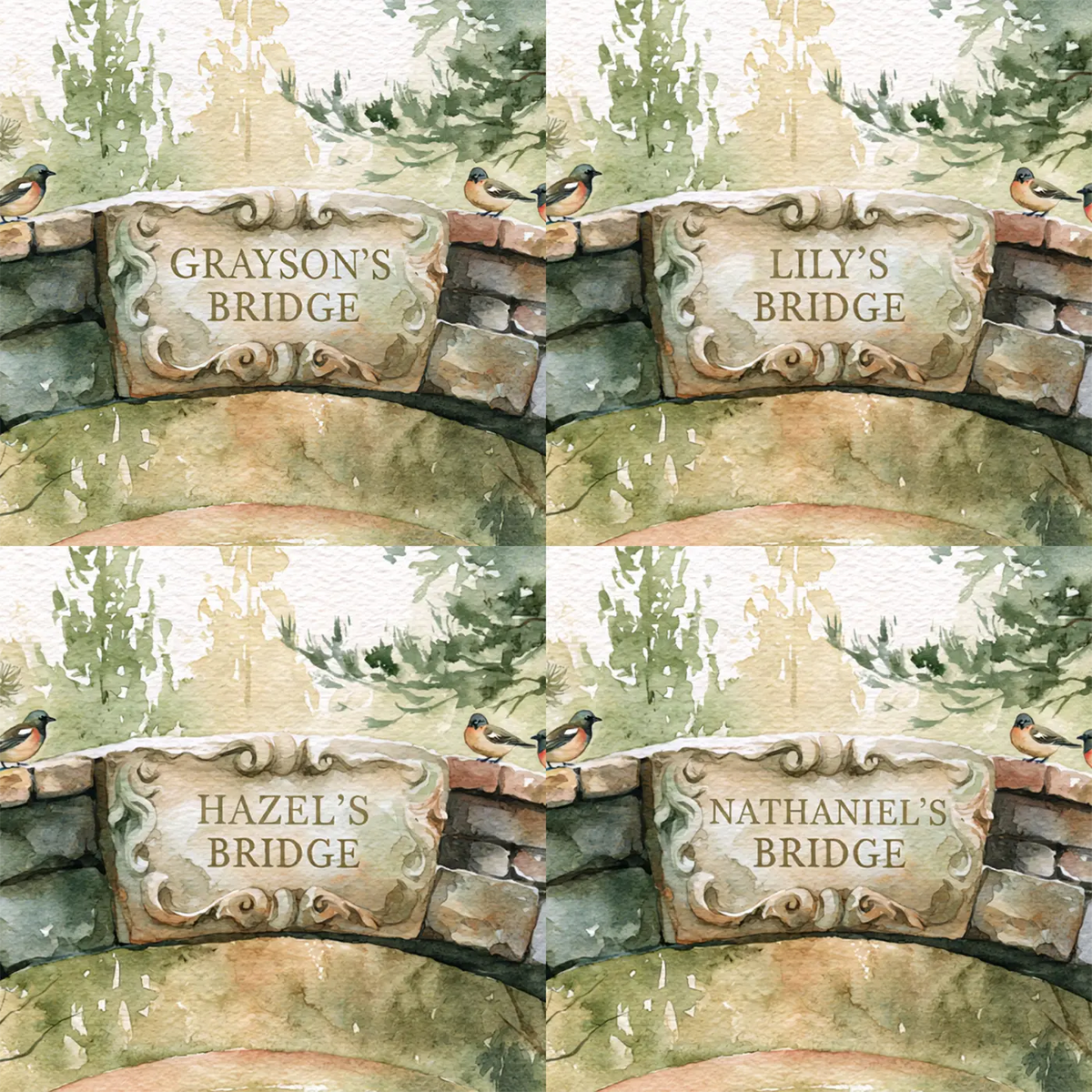 Four name preview examples of Rainbow Bridge Personalized Wall Mural by Whimsy Tots