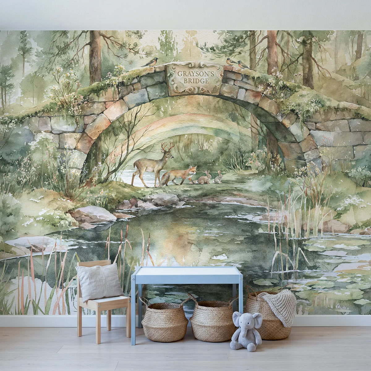 Rainbow Bridge Personalized Wall Mural in playroom setting by Whimsy Tots