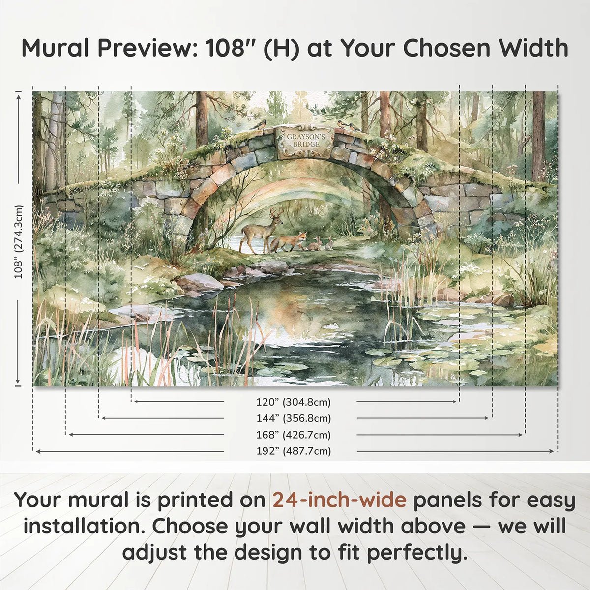 Panel layout and dimensions for Rainbow Bridge Personalized Wall Mural by Whimsy Tots