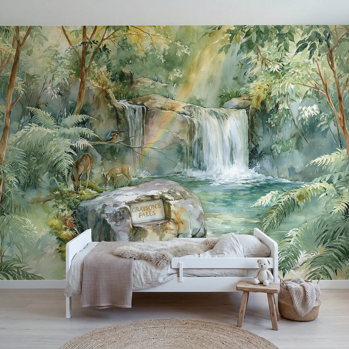 Watercolor rainbow falls personalized wall mural with carved rock name plaque by Whimsy Tots
