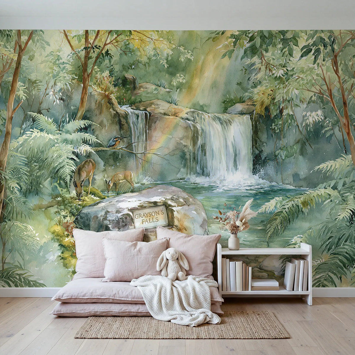 Rainbow Falls Personalized Wall Mural in playroom setting by Whimsy Tots