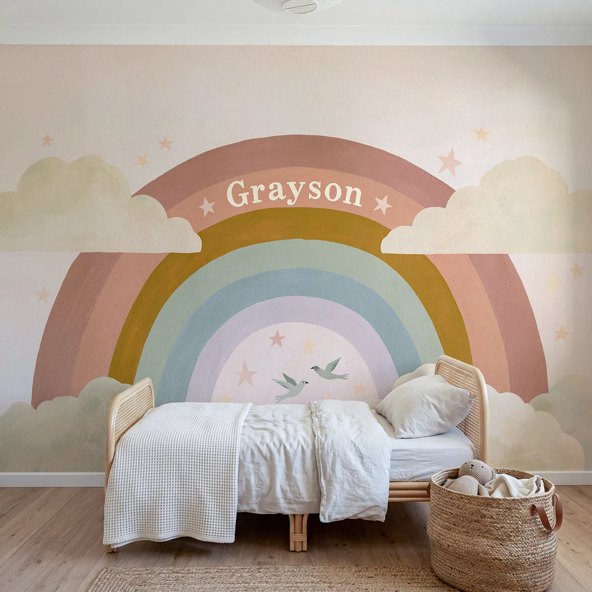 Modern illustration rainbow ribbon personalized wall mural with lettered central band by Whimsy Tots