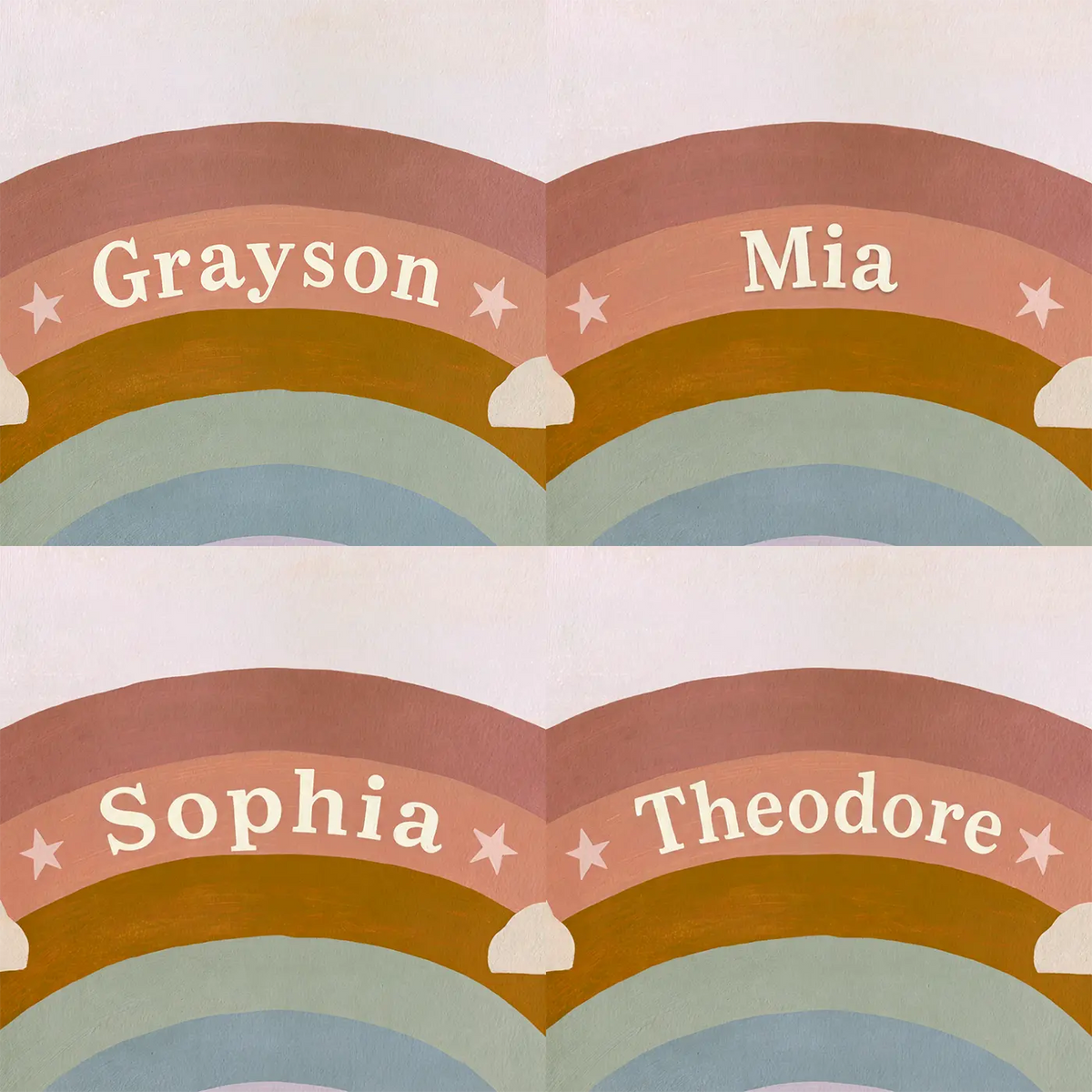 Four name preview examples of Rainbow Ribbon Banner Personalized Wall Mural by Whimsy Tots