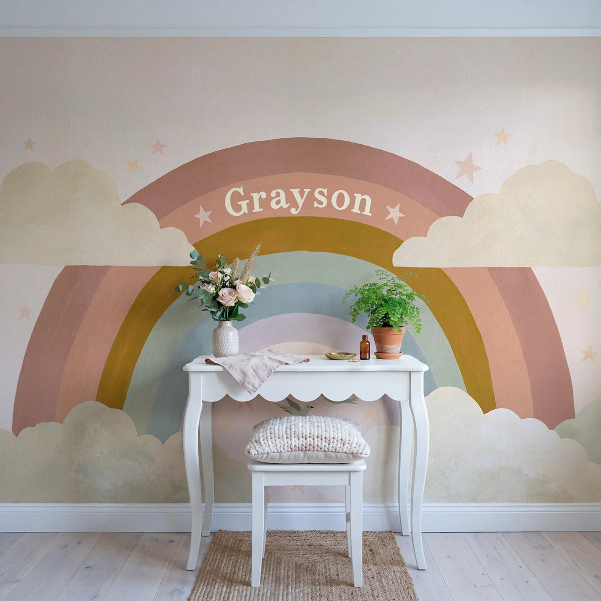 Rainbow Ribbon Banner Personalized Wall Mural in playroom setting by Whimsy Tots