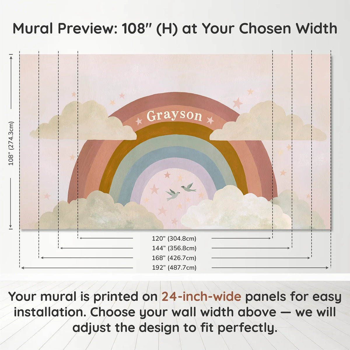 Panel layout and dimensions for Rainbow Ribbon Banner Personalized Wall Mural by Whimsy Tots