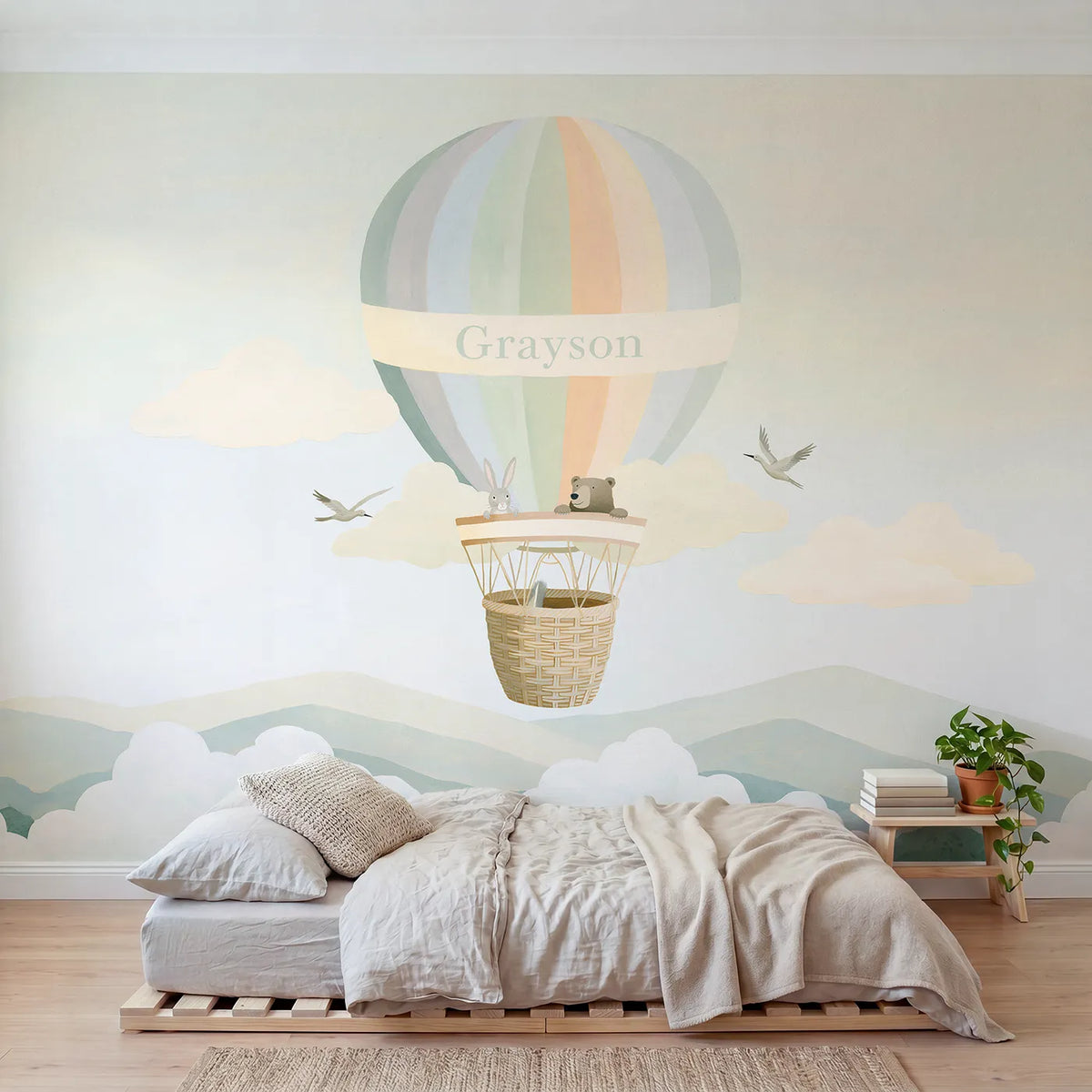 Modern illustration rainbow balloon personalized wall mural with painted basket rim band by Whimsy Tots