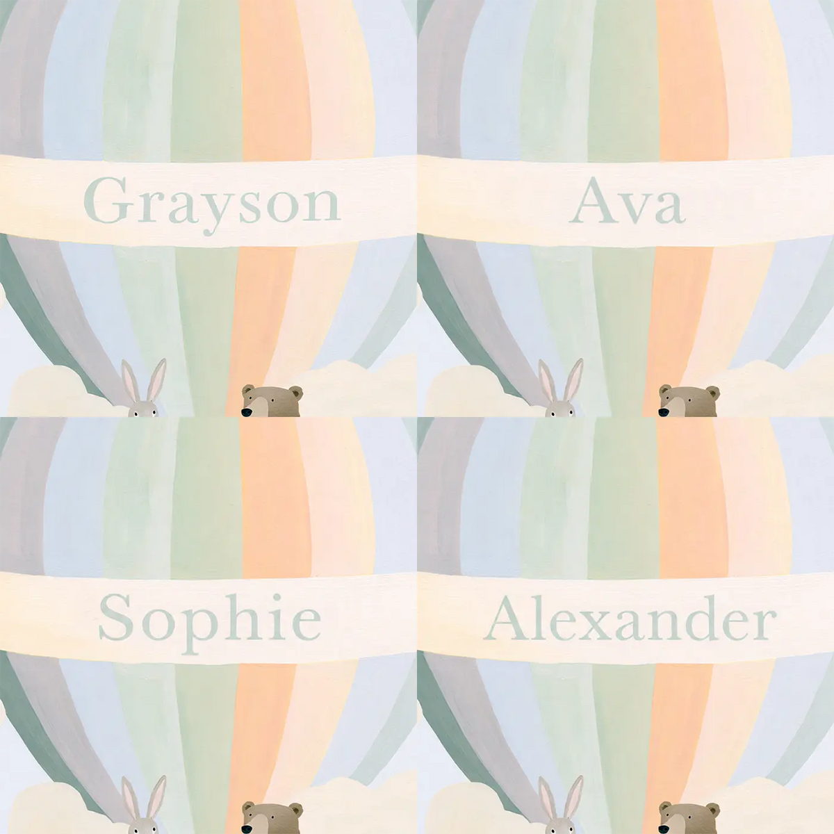 Four name preview examples of Rainbow Balloon Personalized Wall Mural by Whimsy Tots