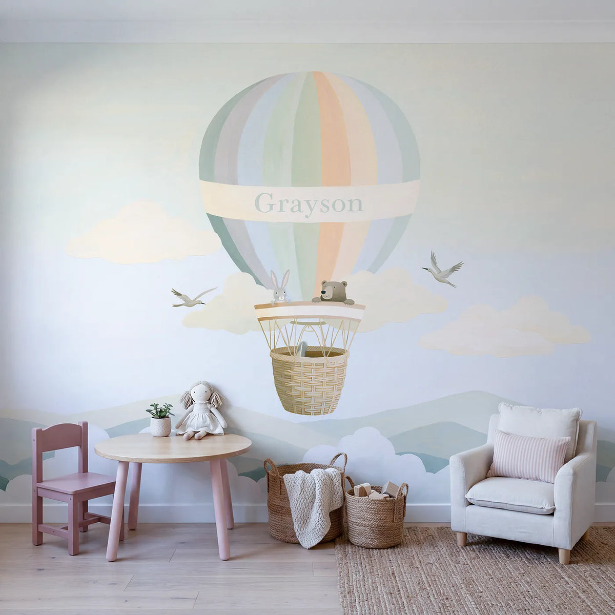 Rainbow Balloon Personalized Wall Mural in playroom setting by Whimsy Tots