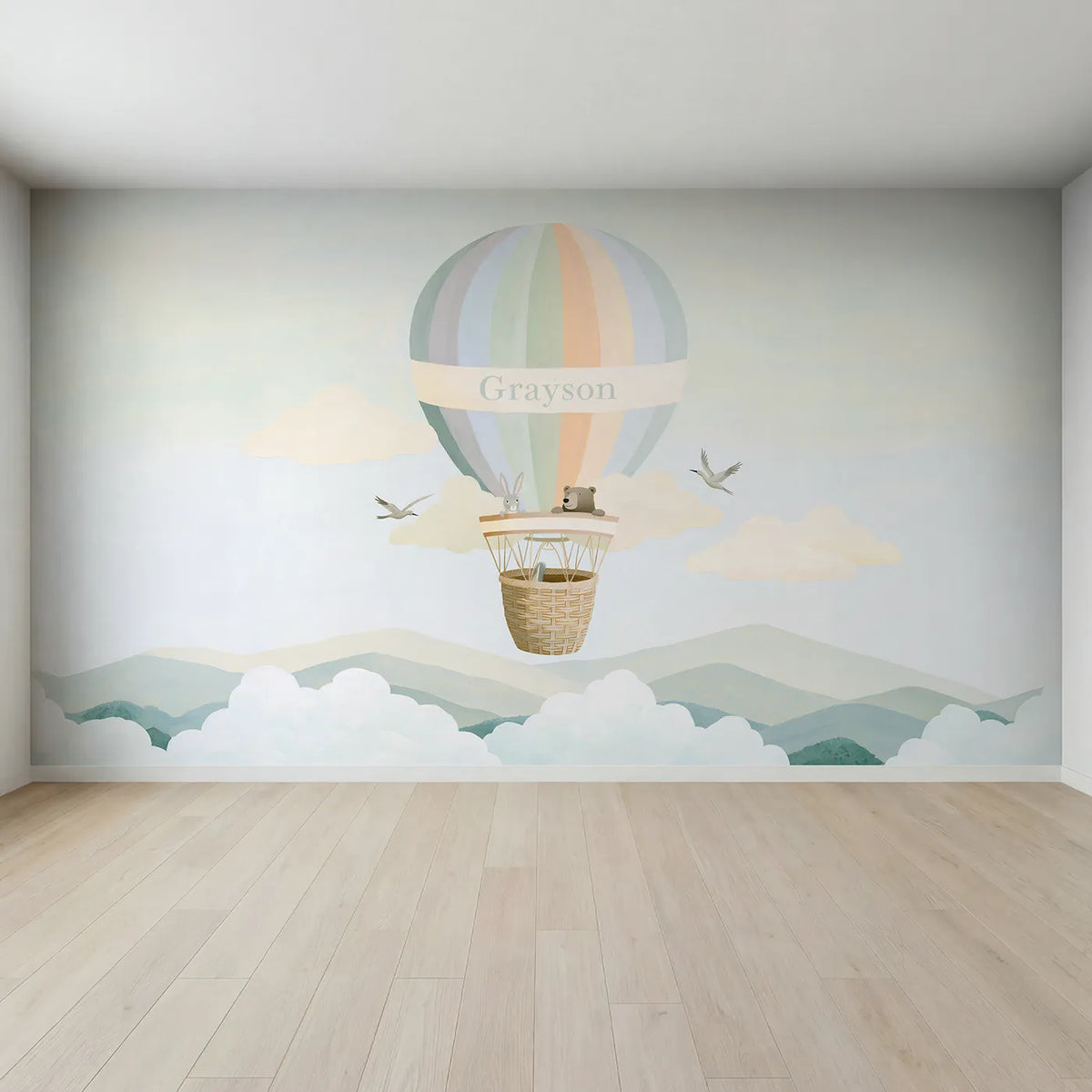 Full view of Rainbow Balloon Personalized Wall Mural by Whimsy Tots