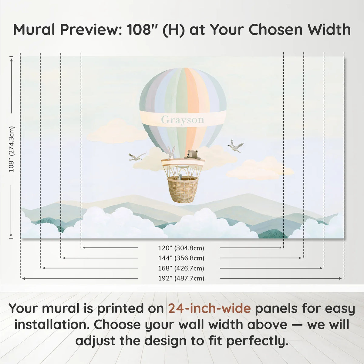 Panel layout and dimensions for Rainbow Balloon Personalized Wall Mural by Whimsy Tots