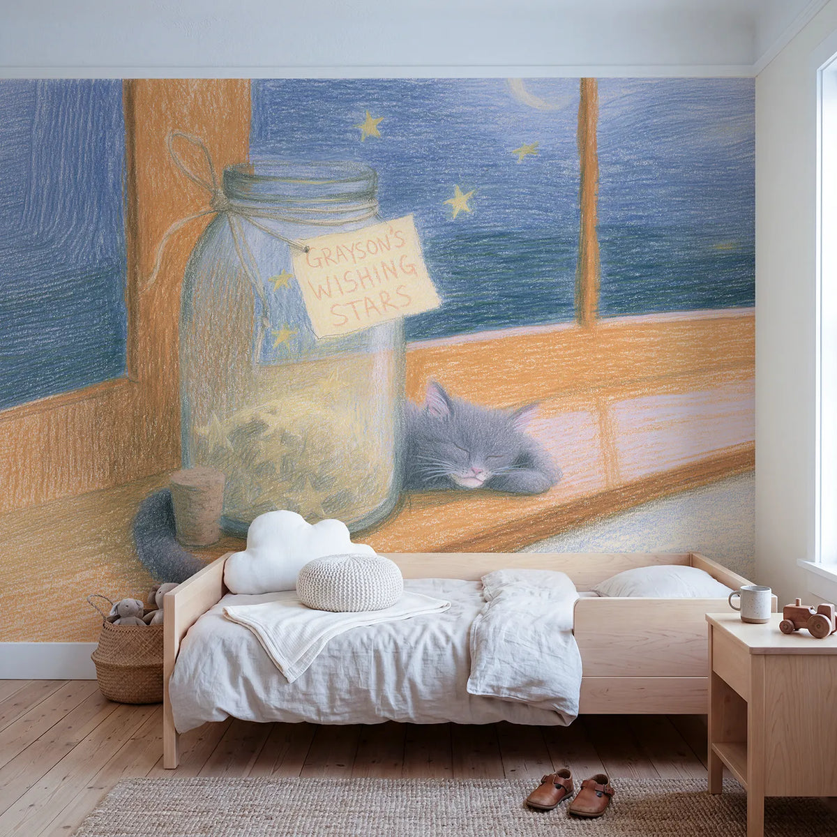 Colored pencil jar of stars personalized wall mural with drawn paper neck label by Whimsy Tots