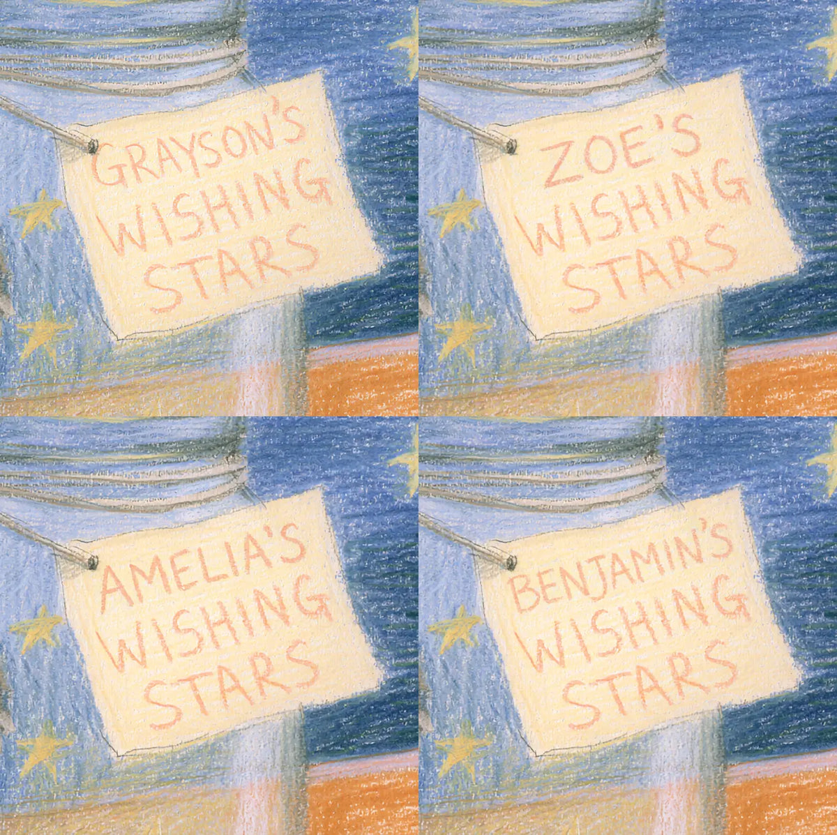 Four name preview examples of Jar of Wishing Stars Personalized Wall Mural by Whimsy Tots