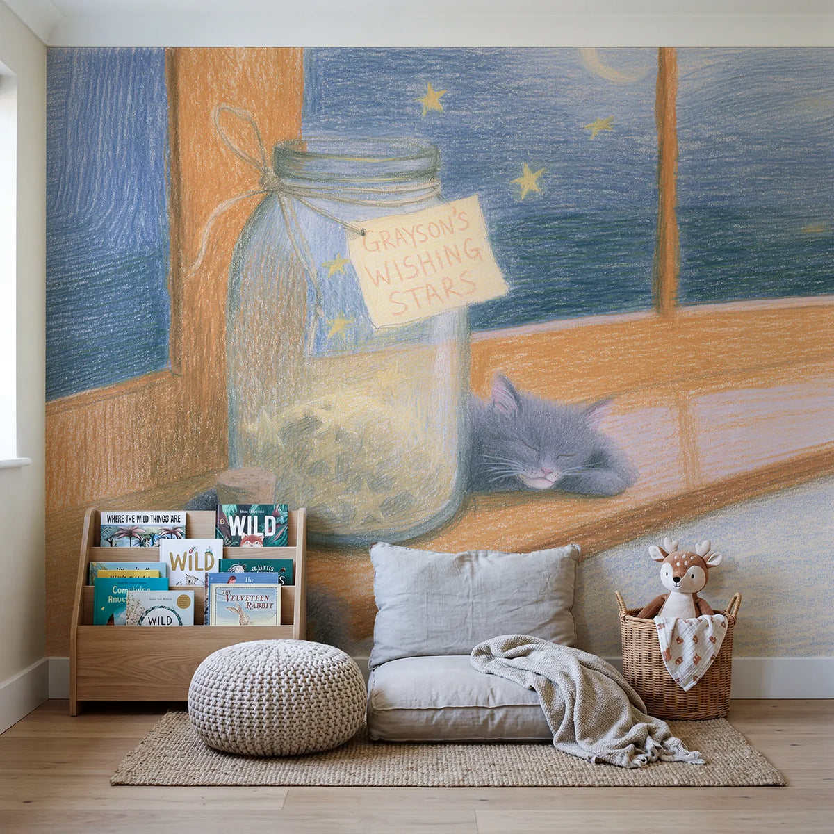 Jar of Wishing Stars Personalized Wall Mural in playroom setting by Whimsy Tots