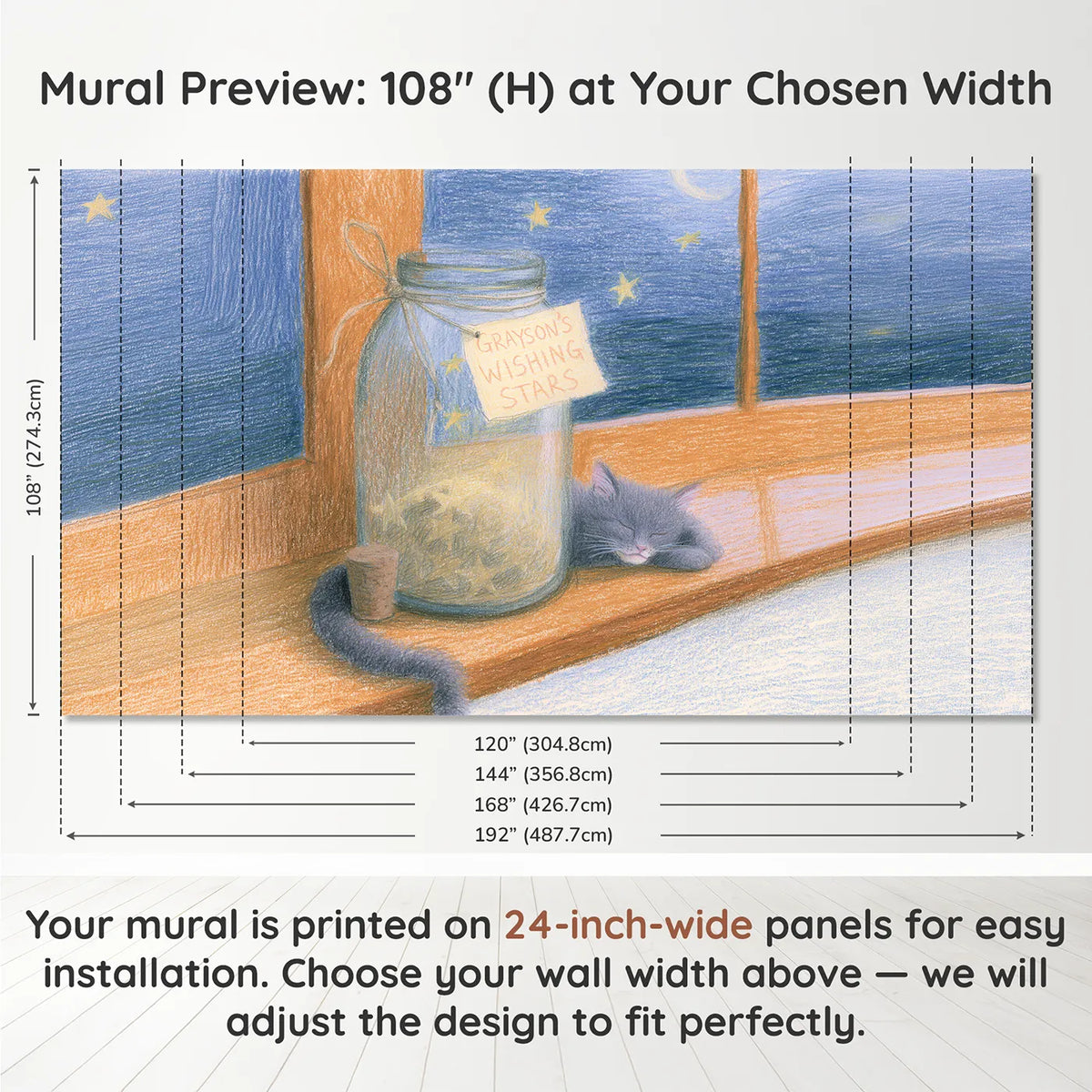 Panel layout and dimensions for Jar of Wishing Stars Personalized Wall Mural by Whimsy Tots