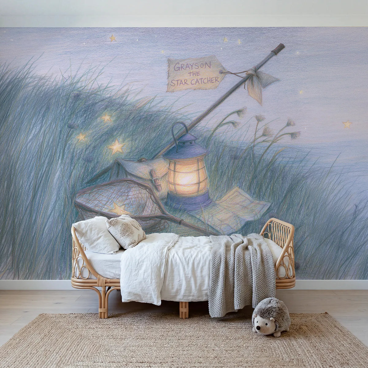 Colored pencil star catcher personalized wall mural with drawn net handle tag by Whimsy Tots