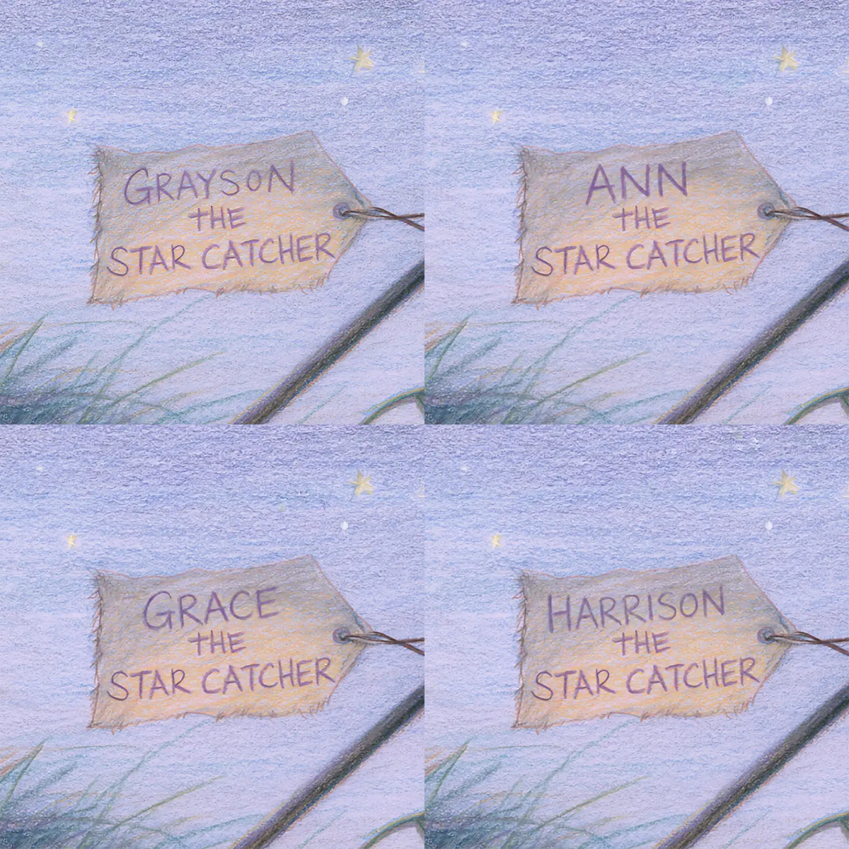 Four name preview examples of The Star Catcher Personalized Wall Mural by Whimsy Tots