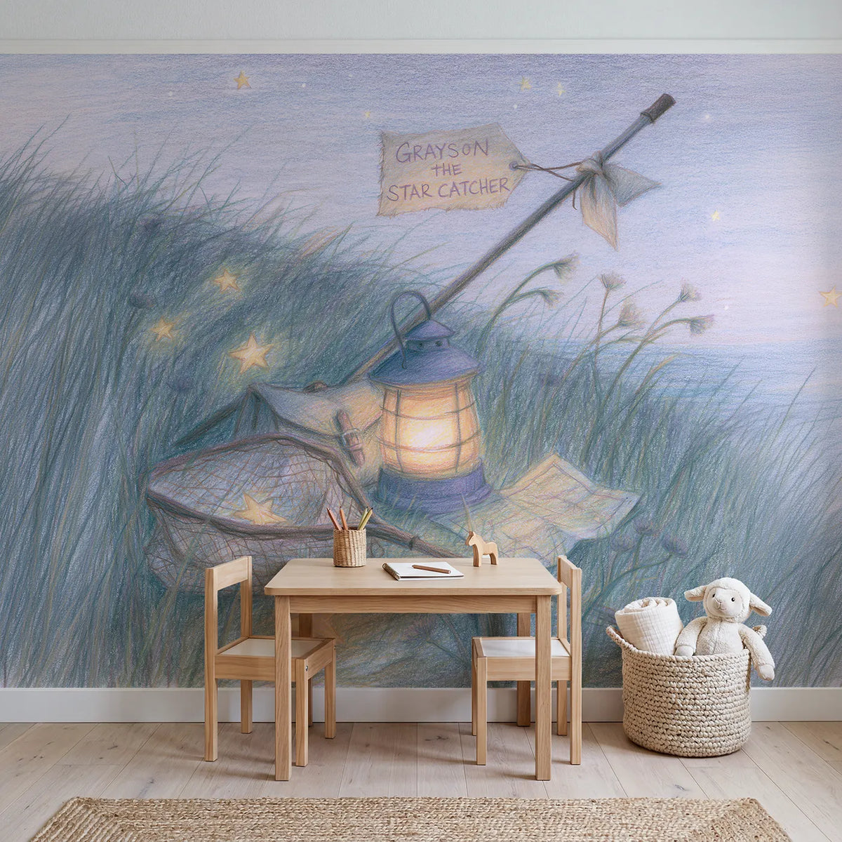 The Star Catcher Personalized Wall Mural in playroom setting by Whimsy Tots